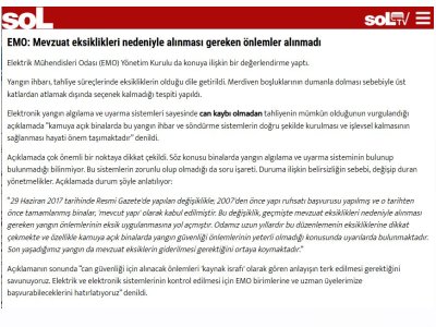 EMO: MEVZUAT EKSİKLİKLERİ NEDENİYLE ALINMASI GEREKEN ÖNLEMLER ALINMADI (HABER.SOL.ORG.TR, 22.01.2025)
