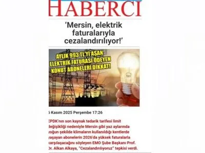 MERSİN ELEKTRİK FATURALARIYLA CEZALANDIRILIYOR