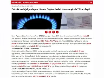 ELEKTRİK VE DOĞALGAZDA YENİ DÖNEM: DAĞITIM BEDELİ FATURANIN YÜZDE 75’İNE ULAŞTI! (HAVADİSKOLİK.COM, 12.04.2026)
