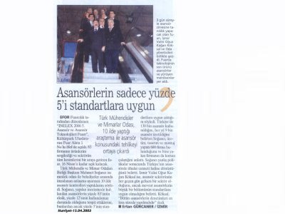 ASANSÖRLERİN SADECE YÜZDE 5'İ STANDARTLARA UYGUN-15.04.06 HÜRRİYET EGE