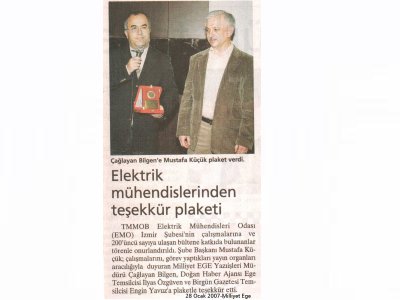 ELEKTRİK MÜHENDİSLERİNDEN TEŞEKKÜR PLAKETİ-MİLLİYET EGE