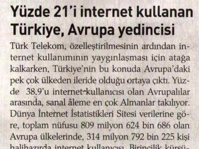 YÜZDE 21'İ İNTERNET KULLANAN TÜRKİYE AVRUPA YEDİNCİSİ (ZAMAN GAZETESİ, 09.07.2007)