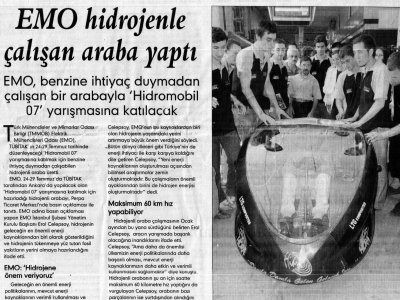 EMO HİDROJENLE ÇALIŞAN ARABA YAPTI - EVRENSEL GAZETESİ - 24 TEMMUZ 2007