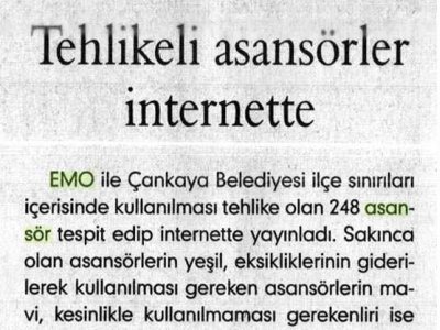 TEHLİKELİ ASANSÖRLER İNTERNETTE (EVRENSEL, 09.09.2007)