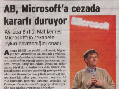 AB, MİCROSOFT'A CEZADA KARARLI DURUYOR (BİRGÜN GAZETESİ, 19.09.2007)