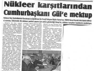 NÜKLEER KARŞITLARINDAN CUMHURBAŞKANI GÜL'E MEKTUP