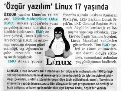 'ÖZGÜR YAZILIM' LİNUX 17 YAŞINDA (BİRGÜN, 22.08.2008)