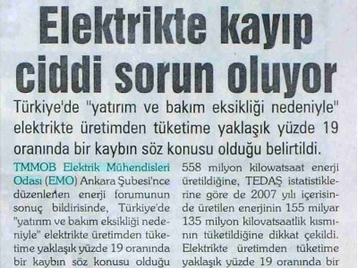 ELEKTRİKTE KAYIP CİDDİ SORUN OLUYOR (KAYSERİ GÜNEŞ GAZETESİ, 3.12.2008)