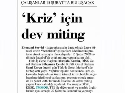'KRİZ' İÇİN DEV MİTİNG (CUMHURİYET, 22.1.2009)