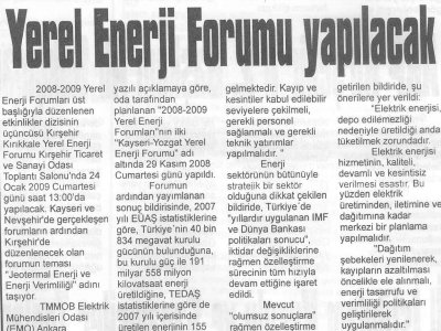 YEREL ENERJİ FORUMU YAPILACAK (KIRŞEHİR ARENA, 22.01.2009)
