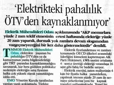 ELEKTRİKTEKİ PAHALILIK ÖTV'DEN KAYNAKLANMIYOR' (HÜRSES, 08.09.2009)