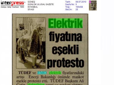 ELEKTRİK FİYATINA EŞEKLİ PROTESTO (GÜNEŞ GAZETESİ, 09.07.2010)