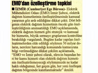 EMO'DAN ÖZELLEŞTİRME TEPKİSİ-11.08.2010 CUMHURİYET AKDENİZ