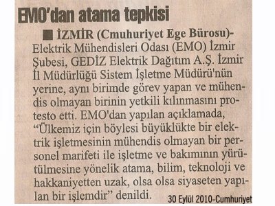 EMO'DAN ATAMA TEPKİSİ-30.09.2010 CUMHURİYET