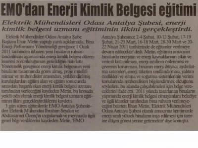 EMO‘DAN ENERJİ KİMLİK BELGESİ EĞİTİMİ (AKDENİZ BEYAZ-29.01.2011)