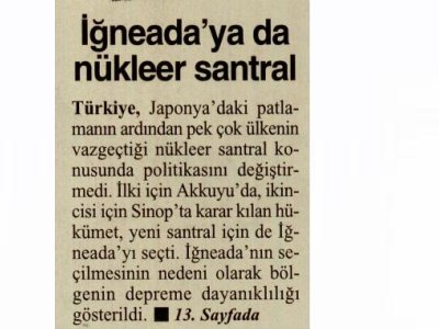 İĞNEADA`YA DA NÜKLEER SANTRAL (CUMHURİYET, 06.04.2011)