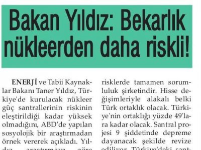 BAKAN YILDIZ:BEKARLIK NÜKLEERDEN DAHA RİSKLİ (GÜNLÜK EVRENSEL, 06.04.2011)