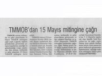 TMMOB’DAN 15 MAYIS MİTİNGİNE ÇAĞRI (EVRENSEL, 20.04.2011)