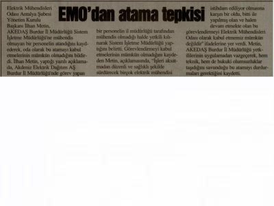 EMO‘DAN ATAMA TEPKİSİ (GAZETE BİR-16.08.2011)