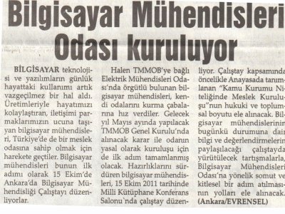 BİLGİSAYAR MÜHENDİSLERİ ODASI KURULUYOR (EVRENSEL, 12.10.2011)
