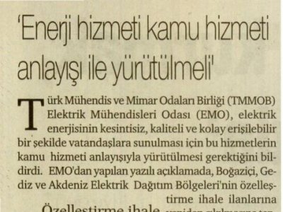 `ENERJİ HİZMETİ KAMU HİZMETİ ANLAYIŞI İLE YÜRÜTÜLMELİ (HÜRSES, 12.08.2012)