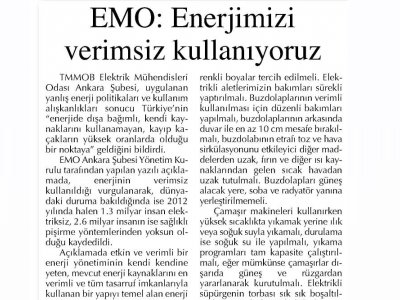 EMO:ENERJİMİZ VERİMSİZ KULLANIYORUZ (BAŞKENT GAZETESİ, 16.01.2013)