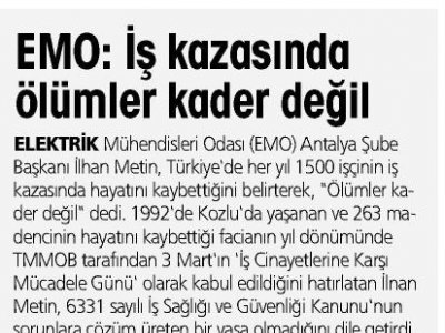 EMO : İŞ KAZASINDA ÖLÜMLER KADER DEĞİL (YURT GAZETESİ -05.03.2013)