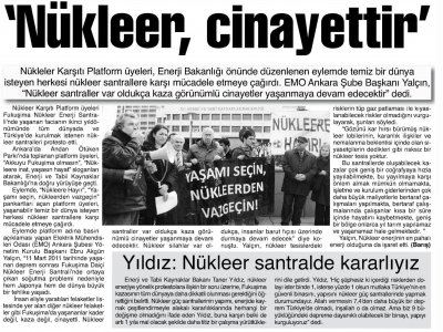 NÜKLEER, CİNAYETTİR (BARIŞ GAZETESİ, 12.03.2013)