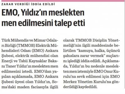 EMO, YILDIZ`IN MESLEKTEN MEN EDİLMESİNİ TALEP ETTİ (DÜNYA, 19.05.2014)