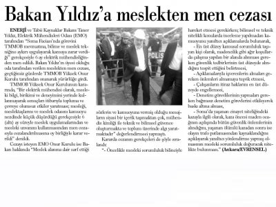 BAKAN YILDIZ`A MESLEKTEN MEN CEZASI (GÜNLÜK EVRENSEL, 3.3.2015)