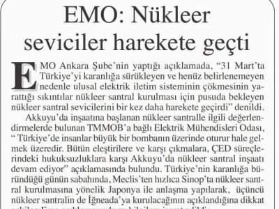 EMO NÜKLEER SEVİCİLER HAREKETE GEÇTİ (BAŞKENT GAZETESİ, 6.4.2015)