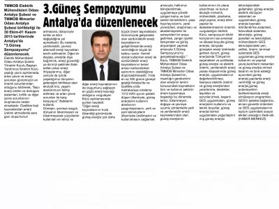 3.GÜNEŞ SEMPOZYUMU ANTALYADA DÜZENLENECEK (NEHİR-07.04.2015)