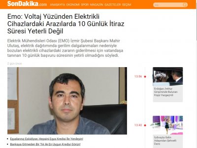 EMO: VOLTAJ YÜZÜNDEN ELEKTRİKLİ CİHAZLARDAKİ ARIZALARDA 10 GÜNLÜK İTİRAZ SÜRESİ YETERLİ DEĞİL (SONDAKİKA.COM)