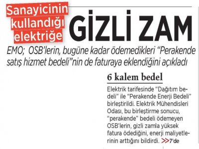 SANAYİCİNİN KULLANDIĞI ELEKTRİĞE GİZLİ ZAM (MİLLİYET EGE)