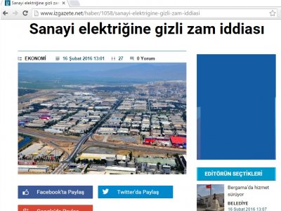 SANAYİ ELEKTRİĞİNE GİZLİ ZAM İDDİASI (İZGAZETE.NET)