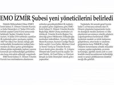 EMO İZMİR ŞUBESİ YENİ YÖNETİCİLERİNİ BELİRLEDİ (YENİ GÜN)