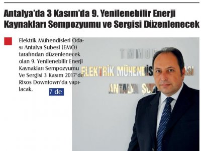 ANTALYADA 3 KASIM DA 9. YENİLENEBİLİR ENERJİ KAYNAKLARI SEMPOZYUMU VE SERGİSİ DÜZENLENECEK (KAKTÜS GAZETESİ - 27.10.2017)