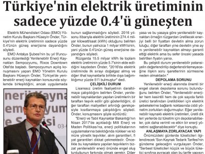 TÜRKİYENİN ELEKTRİK ÜRETİMİNİN SADECE YÜZDE 0.4 Ü GÜNEŞTEN (A GAZETESİ - 06.11.2017)