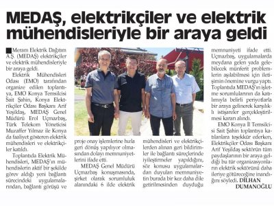 MEDAŞ, ELEKTRİKÇİLER VE ELEKTRİK MÜHENDİSLERİYLE BİR ARAYA GELDİ (KONYA HAKİMİYET, 15.08.2018)