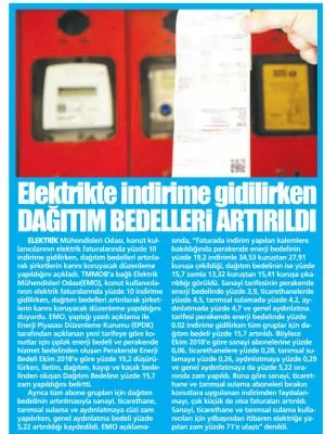 ELEKTRİKTE İNDİRİME GİDİLİRKEN DAĞITIM BEDELLERİ ARTIRILDI (YURT GAZETESİ)