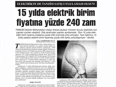 15 YILDA ELEKTRİK BİRİM FİYATINA YÜZDE 240 ZAM (BAŞKENT GAZETESİ, 27.03.2019)