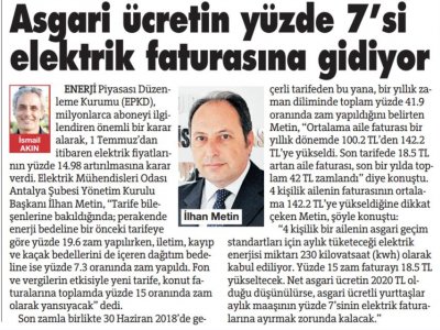 ASGARİ ÜCRETİN YÜZDE 7`Sİ ELEKTRİK FATURASINA GİDİYOR (SÖZCÜ-02.07.2019)