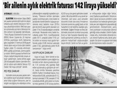 `BİR AİLENİN AYLIK ELEKTRİK FATURASI 142 LİRAYA YÜKSELDİ` (AYDINLIK)