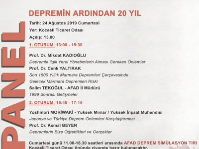 24 AĞUSTOS CUMARTESİ GÜNÜ SAAT 13:00`DA KOCAELİ TİCARET ODASI`NDA DEPREMİN ARDINDAN 20 YIL KONULU PANEL GERÇEKLEŞTİRİLECEKTİR.