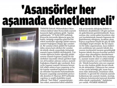 `ASANSÖRLER HER AŞAMADA DENETLENMELİ` (YENİ HABER , 05.10.2019)