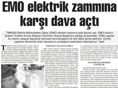EMO ELEKTRİK ZAMMINA KARŞI DAVA AÇTI (BAŞKENT GAZETESİ, 28.11.2019)