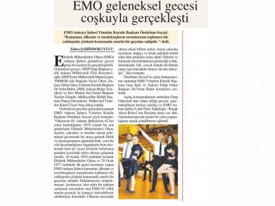 EMO GELENEKSEL GECESİ COŞKUYLA GERÇEKLEŞTİ (BAŞKENT GAZETESİ, 17.12.2019)