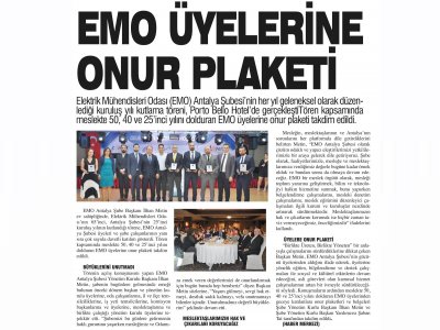 EMO ÜYELERİNE ONUR PLAKETİ (ANTALYA SON HABER - 31.12.2019)
