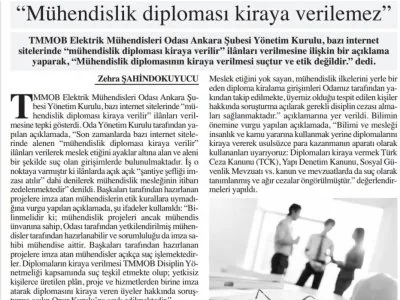 MÜHENDİSLİK DİPLOMASİ KİRAYA VERİLEMEZ (BAŞKENT GAZETESİ, 7.12.2019)