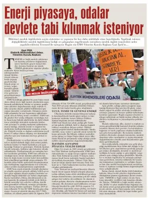 ENERJİ PİYASAYA, ODALAR DEVLETE TABİ KILINMAK İSTENİYOR (GÜNLÜK EVRENSEL)